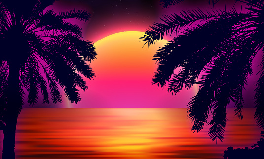 Retro sunset illustration. Retro palms vector sci fi background. 80s future background.