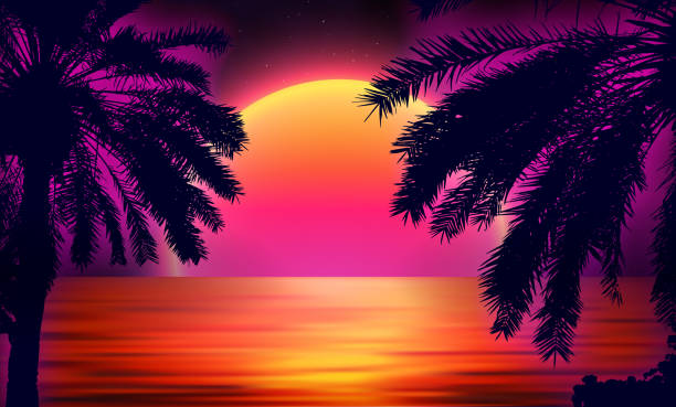 3d sunset on the beach. Retro palms vector sci fi background with ocean. Sun reflection in water. Futuristic landscape 1980s style. Digital landscape cyber surface. 80s party background Retro sunset illustration. Retro palms vector sci fi background. 80s future background. palm tree night stock illustrations
