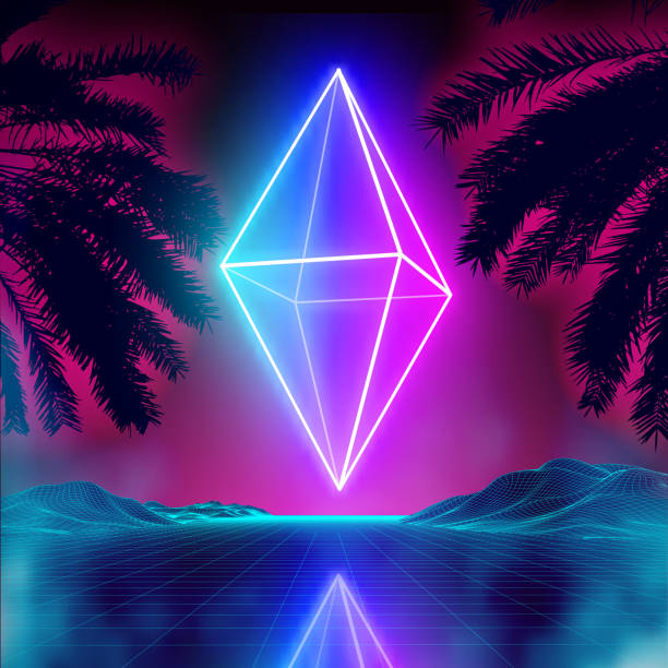 istock Neon rhombus on retro background landscape. Glowing rhombus cosmos poster. Neon light box cube light. Future purple 80s sci-fi poster 1396101054