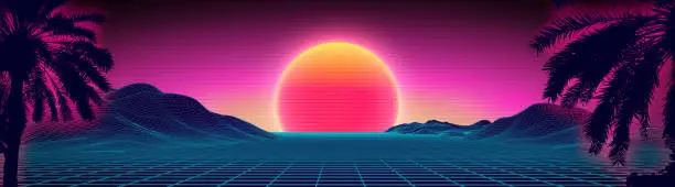 Vector illustration of 3d sunset on the beach. Retro palms vector sci fi background. Digital landscape cyber surface. 80s party background