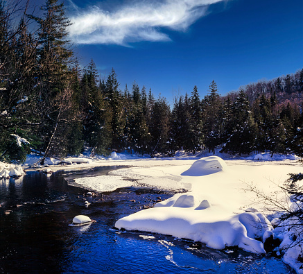 early spring landscape of CHKO Poodri near Studenka city in Czech republic with Odra river, meadow with trees and blue sky with few clouds