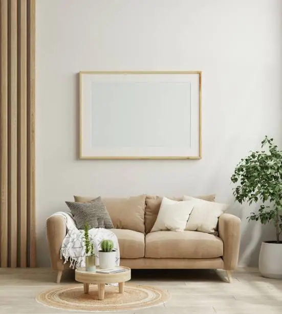 Photo of Poster frame mockup in scandinavian style living room interior.