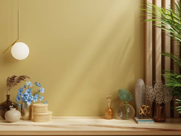 istock Shelf mockup in modern empty room,dark yellow wall. 1396103718