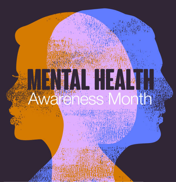 Mental Health Awareness Month Profile of heads in Letterpress style. Mental Health, Mental Health Awareness Month, Analysing, Emotional Stress, Illness, mental illness stock illustrations