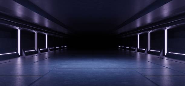 istock Sci Fi futuristic studio stage dark room in space station with glowing neon lights background. 1396103796