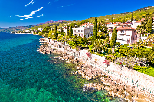 Lungomare scenic sea coast walkway near Opatija and Volosko aerial view, turquoise waterfront of Kvarner, Croatia