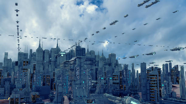 istock 3d rendering. Futuristic city and spaceships 1396104527