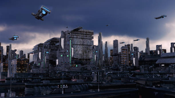 istock 3d rendering. Futuristic city and spaceships 1396104548