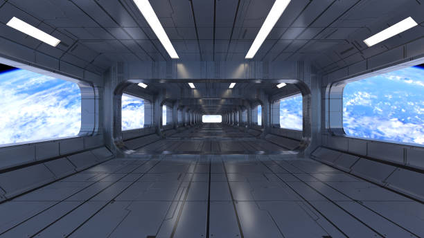 istock 3d render. Futuristic hallway. Concept of modern architecture and interior spaceship 1396104574