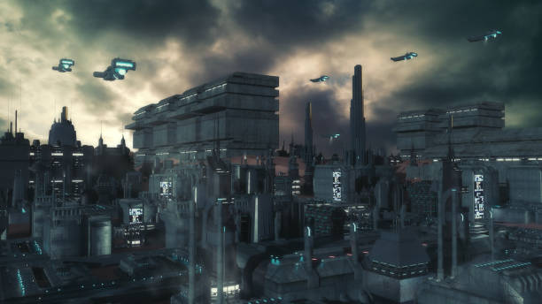 istock 3d rendering. Futuristic city and spaceships 1396104578