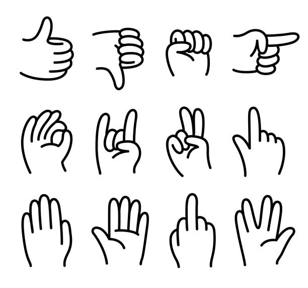 Cartoon hand gesture icon set Cartoon hands gesture set. Simple hand drawn comic style icons. Black and white line art, vector illustration. vulcan salute stock illustrations