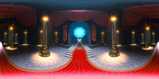 istock The King's throne hall with a blue circle lighting window is good in equirectangular projection and in 3D rendering with 360 degree spherical seamless VR Panorama HDRI environment map. 1396110557