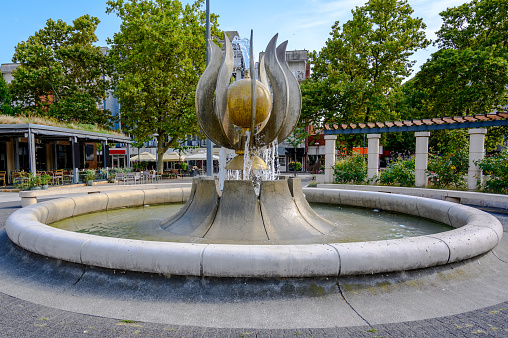 Gocsej Tulip fountain in Zalaegerszeg on a sunny day.