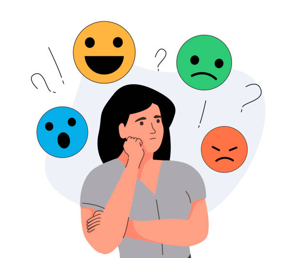 illustrations, cliparts, dessins animés et icônes de concept de saute d’humeur. de nombreuses émotions entourent les jeunes femmes atteintes de trouble bipolaire. la femme souffre d’hormones avec un changement - sadness human face depression smiley face