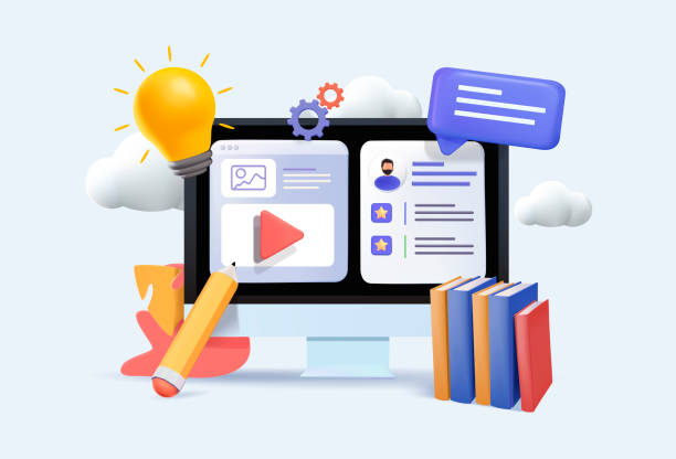 3d webvektor illusztrációk. online koncepció. számítógép nyitott oldalakkal. e-learning tervezés háttér, vektor felett. - digitális kijelző témájú stock illusztrációk
