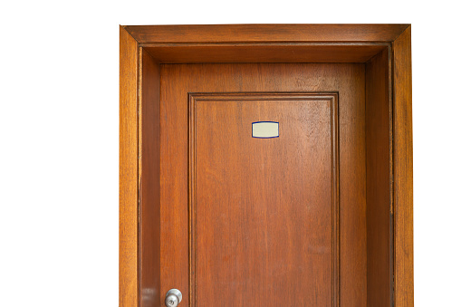 Hotel front door in wood color isolated on white background.