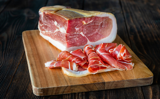 Sliced prosciutto ham on the cutting board