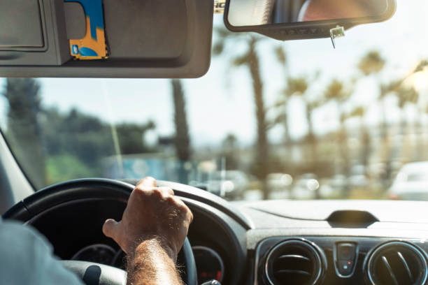 día soleado en la carretera. el automóvil conduce a lo largo de una calle bien cuidada pasando por palmeras. vista a través del parabrisas. - slow jam fotografías e imágenes de stock