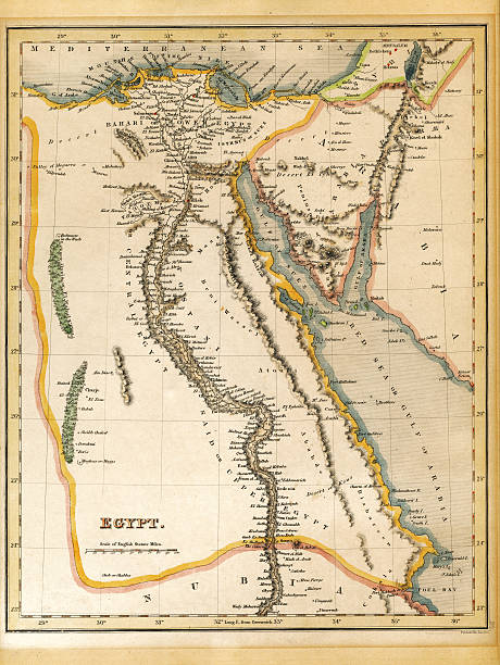 Egypt Map Printed 1845 An old 19th century map, engraved and printed in England in 1845, depicting Egypt (Jerusalem in the north down to the border with Nubia in the south. israel egypt border stock pictures, royalty-free photos & images