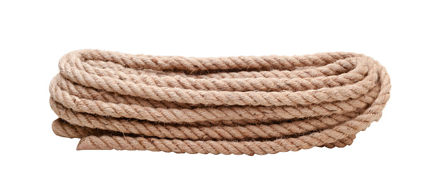 Coil of natural jute rope isolated on white.