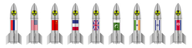 Atomic bombs with flags of nuclear states, vector illustration, isolated on white background Atomic bombs with flags of nuclear states, vector illustration, isolated on white background. nuclear missile stock illustrations