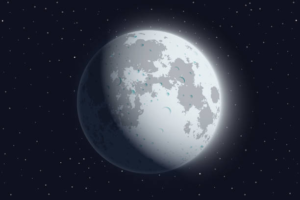 ilustrações de stock, clip art, desenhos animados e ícones de realistic moon on a dark starry sky background. moon in a waxing gibbous phase vector illustration - hotizontal