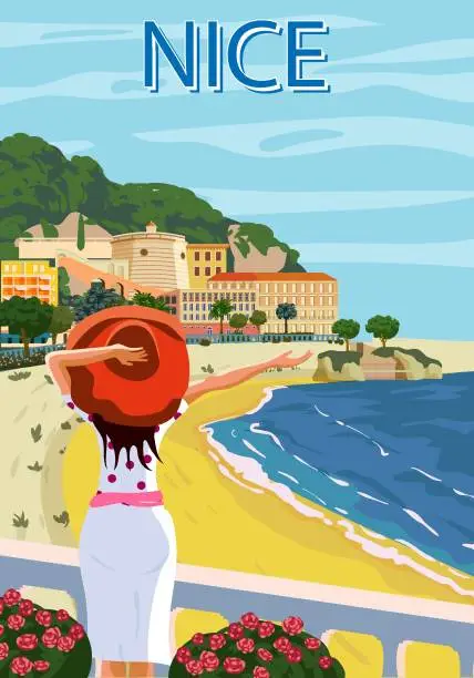 Vector illustration of Nice French Riviera coast poster vintage. Woman on vacation, resort, coast, sea, beach. Retro style illustration vector