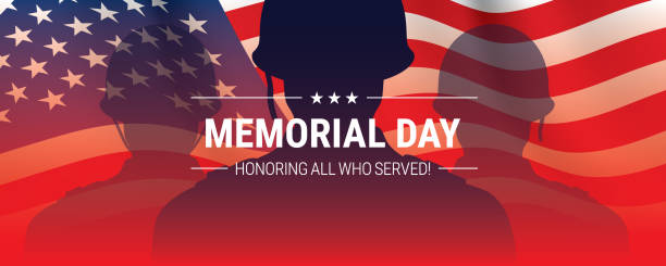 Memorial day vector banner design with soldier silhouettes and USA flag. Memorial day cinematic vector background design, with soldier shadows and waving USA flag. Patriotic American army banner with Honoring All Who Served message. memorial day stock illustrations