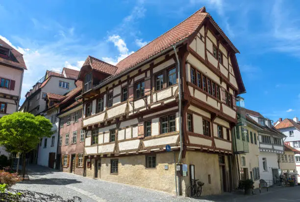 Half-timbered house in Ravensburg, Baden-Wurttemberg, Germany, Europe. Typical houses and streets in Ravensburg downtown. Traditional old German building. Concept tourism and real estate in Germany.