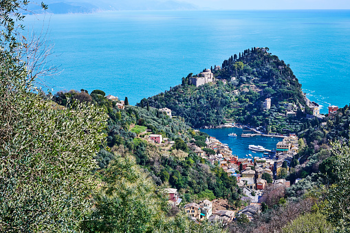 Aerial view of the tourist resort of Portofino. Genova. Italy.