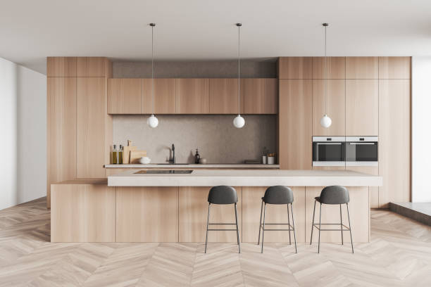 istock Light kitchen set interior with countertop and seats, shelves and kitchenware 1396122392