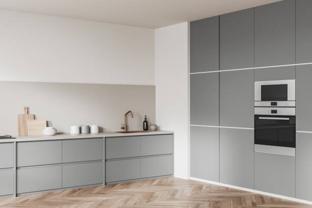 istock Light kitchen set interior with sink and dresser, kitchenware and shelf with oven 1396122515