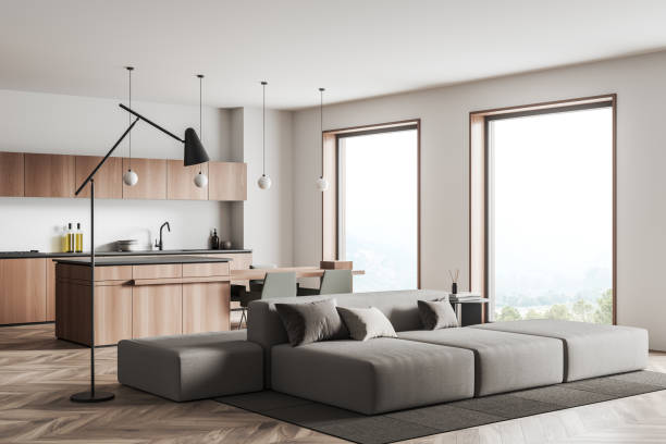 istock Kitchen interior with sofa and window, cooking room and lounge zone 1396122563