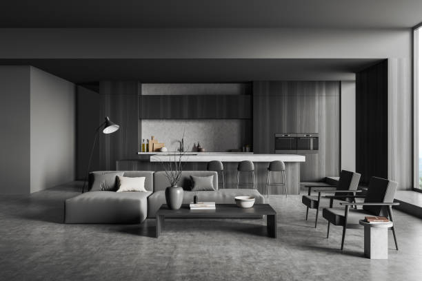 istock Grey kitchen interior with lounge zone and cooking space, window 1396122633