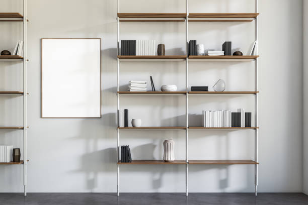istock Light art room interior shelf with decoration, mockup poster 1396123316