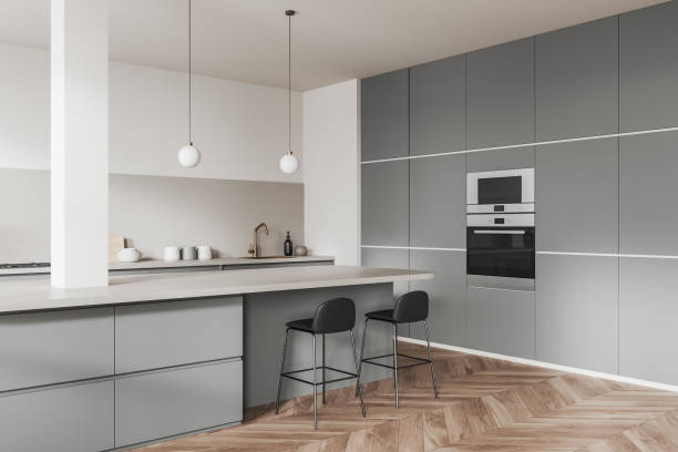 istock Light kitchen set interior with table and seats, shelves and oven 1396123332