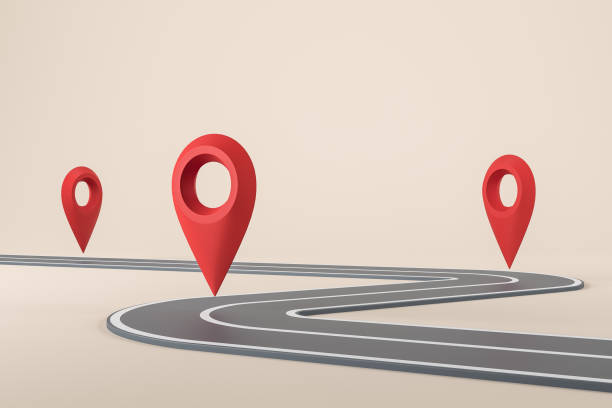 istock Asphalt road and location marker, beige background 1396123701