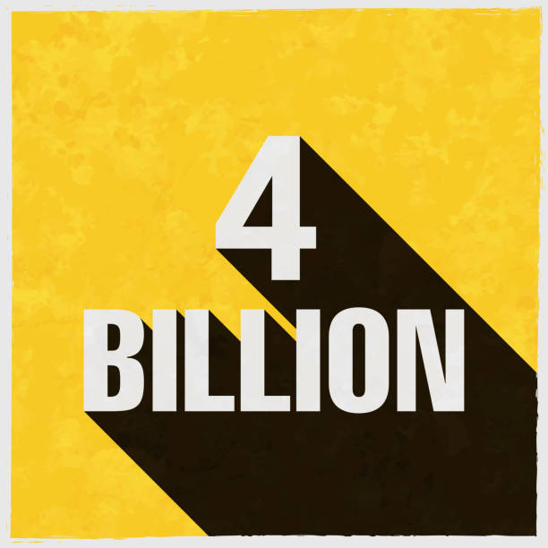 4 Billion. Icon with long shadow on textured yellow background Icon of "4 Billion" in a trendy vintage style. Beautiful retro illustration with old textured yellow paper and a black long shadow (colors used: yellow, white and black). Vector Illustration (EPS10, well layered and grouped). Easy to edit, manipulate, resize or colorize. Vector and Jpeg file of different sizes. billions quantity stock illustrations