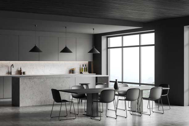 istock Grey kitchen set interior with eating table and seats, countertop and window 1396123863