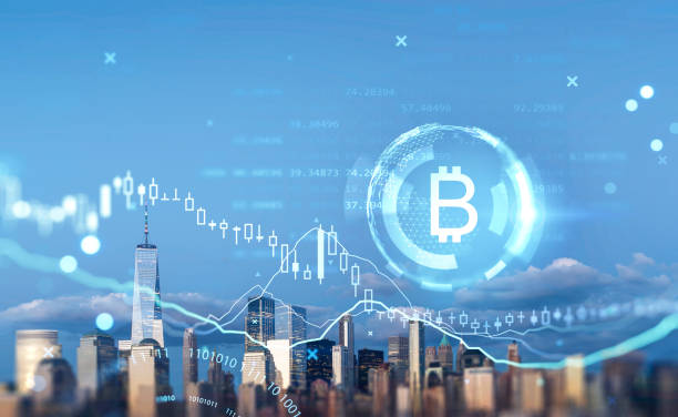 istock Stock market with graphs, cryptocurrency and falling candlesticks on city view 1396123884
