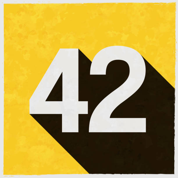 42 - Number Forty-two. Icon with long shadow on textured yellow background Icon of "42 - Number Forty-two" in a trendy vintage style. Beautiful retro illustration with old textured yellow paper and a black long shadow (colors used: yellow, white and black). Vector Illustration (EPS10, well layered and grouped). Easy to edit, manipulate, resize or colorize. Vector and Jpeg file of different sizes. number 42 stock illustrations