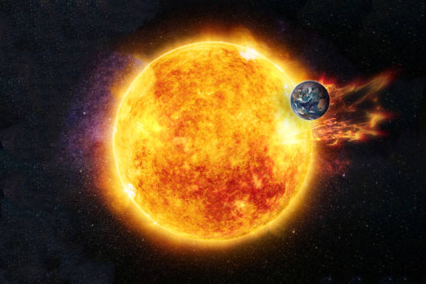 太陽活動。太陽フレアと惑星地球が攻撃を受けています。nasaによって提供されたこの画像の要素。 - erupting ストックフォトと画像