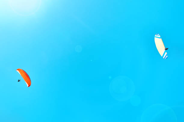 Paragliding. Two paraplane flying in clear blue sky. Sport extreme.