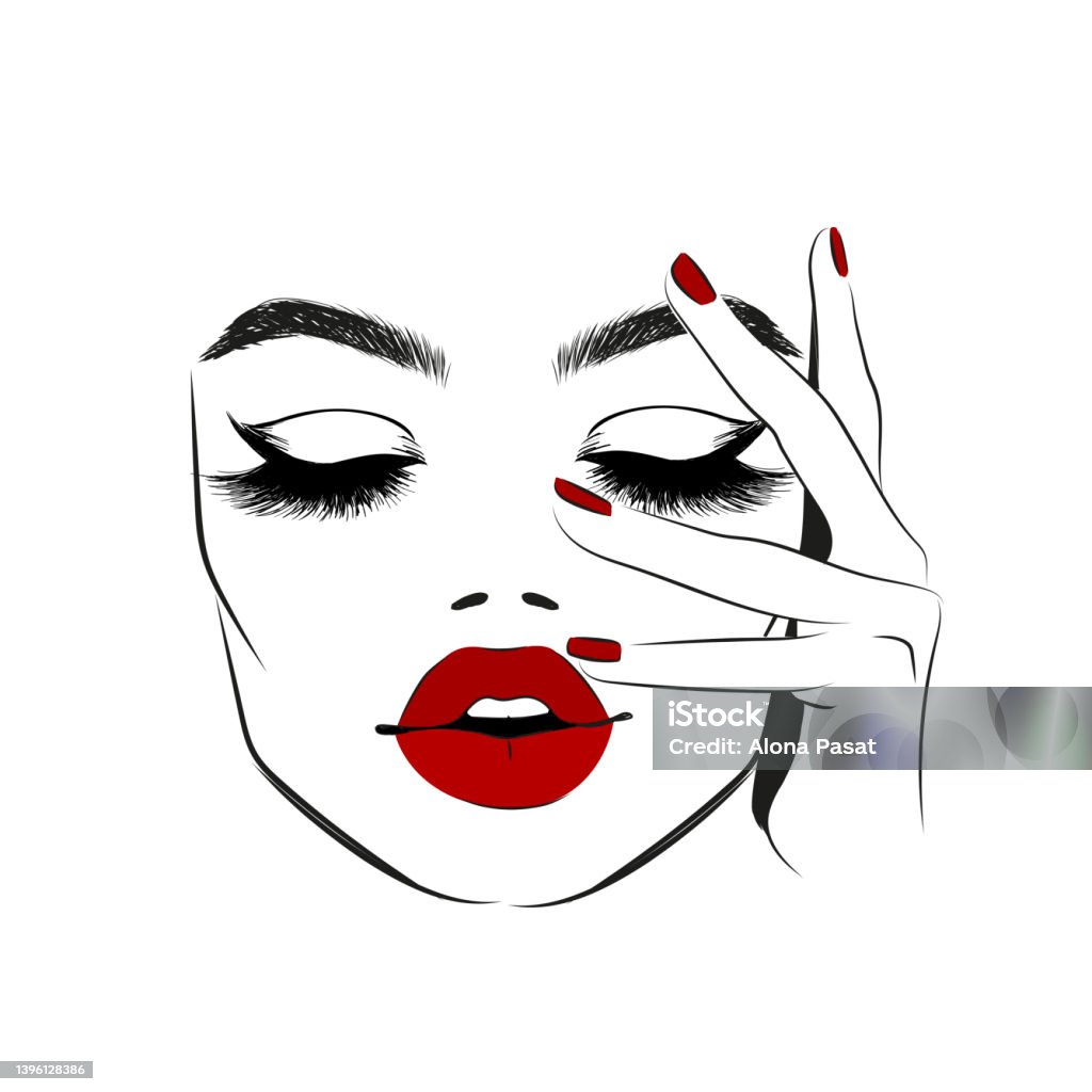 Ilustración de Cara De Mujer Con Labios Y Pestañas Rojas y más Vectores  Libres de Derechos de Maquillaje - Maquillaje, Pintarse las uñas, Anticuado  - iStock