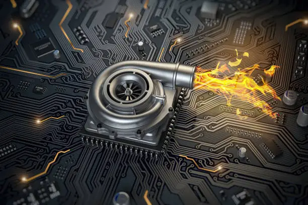 CPU microchip turbocharger with fire flame on computer motherboard. Processor overclocking concept background. 3d illustration