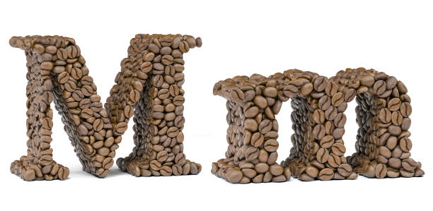 Letter M from coffee bean isoilated on white. Coffee alphabet font. 3d illustration