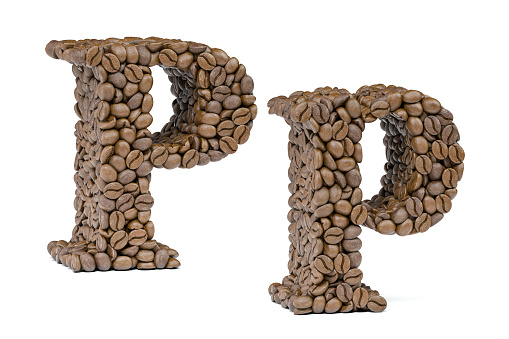 Letter P from coffee bean isoilated on white. Coffee alphabet font. 3d illustration