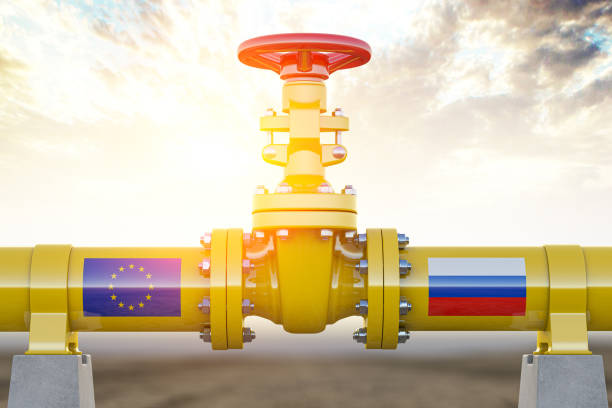 Oil or gas pipeline valve European Union and Russia. Oil and gas energetical crisis. stock photo