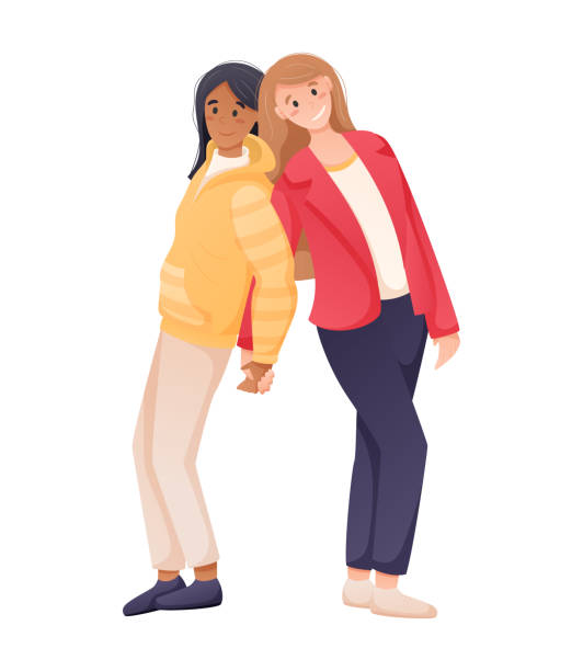 Vector illustration, two female friends or lesbian couple of girls are standing. Vector illustration, two female friends or a lesbian couple of girls standing and holding hands. teenager couple child blond hair stock illustrations
