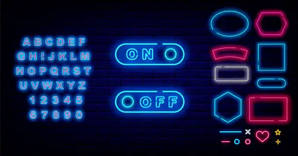 Vector illustration of On off switch neon sign set. Frames collection. Shiny blue alphabet. User navigation element. Vector stock illustration